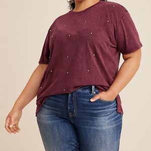 Maroon Edgely Maroon Rhinestone Studded Short Sleeve Tee NWT